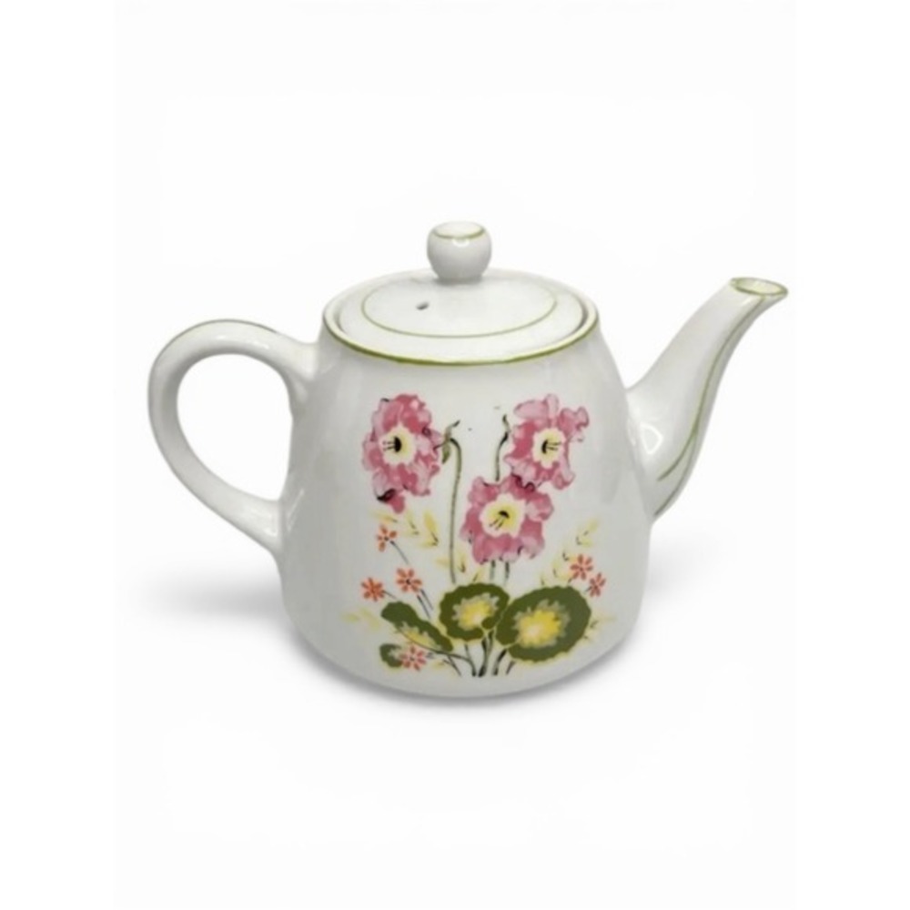 VINTAGE Pink Poppy Primrose Porcelain Teapot‎ Green Trim Grandmacore Floral